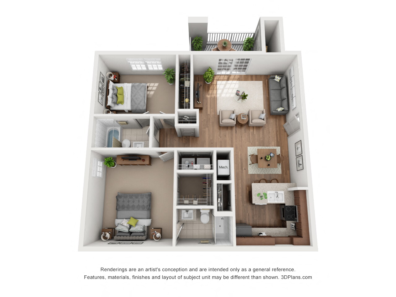 Floor plan for 2 beds, 2 baths, 1050 sqft